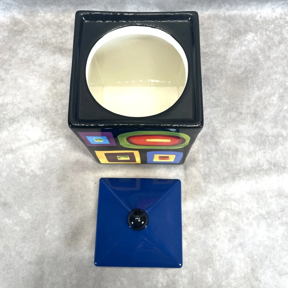 Mary Naylor Designs Modern Ceramic Canister Blue Lid Hand Painted Abstract 6x4.5